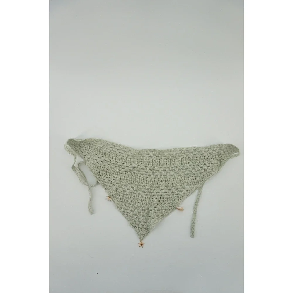 Crochet Hair Bandana Nautical Coastal Mermaidcore Shell Starfish Sage Green OS